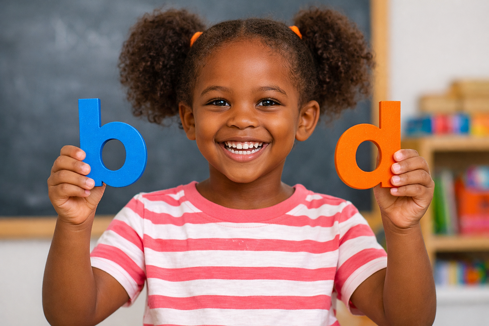 Young girl holding up the letters b and d.