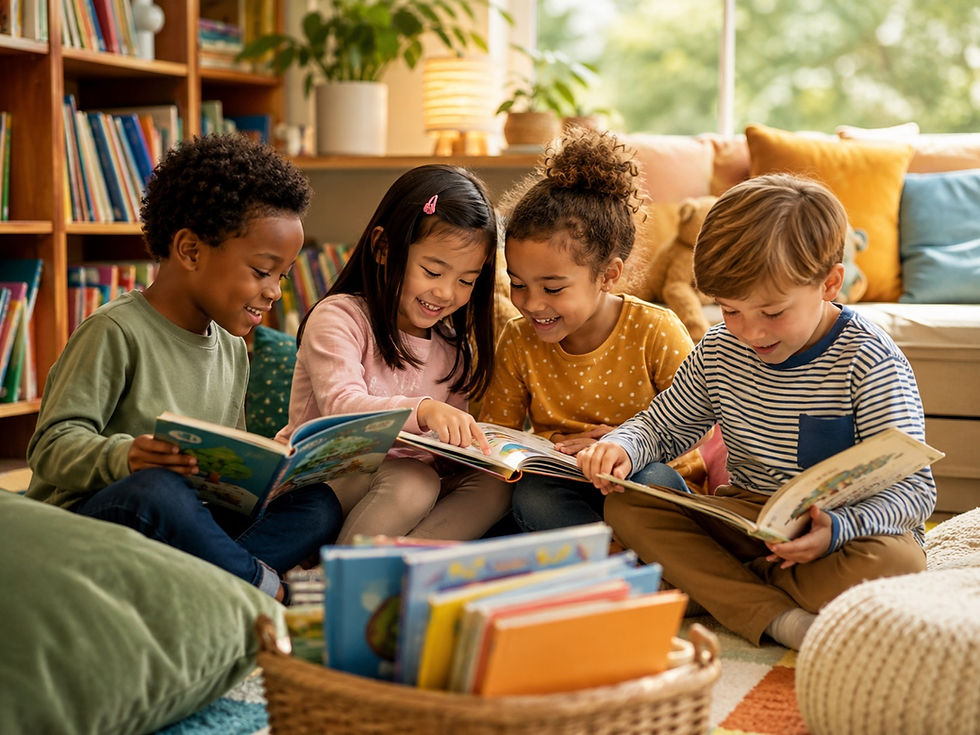 Children reading books together in a cozy home reading nook surrounded by colorful books.