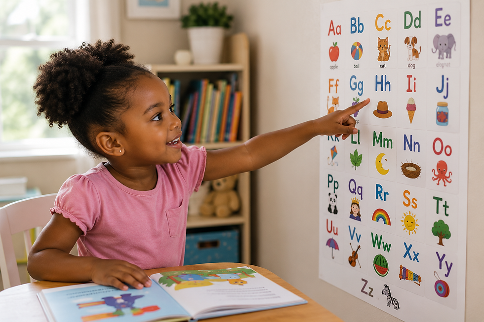 Girl reading skills, letter recognition, children's books, literacy development