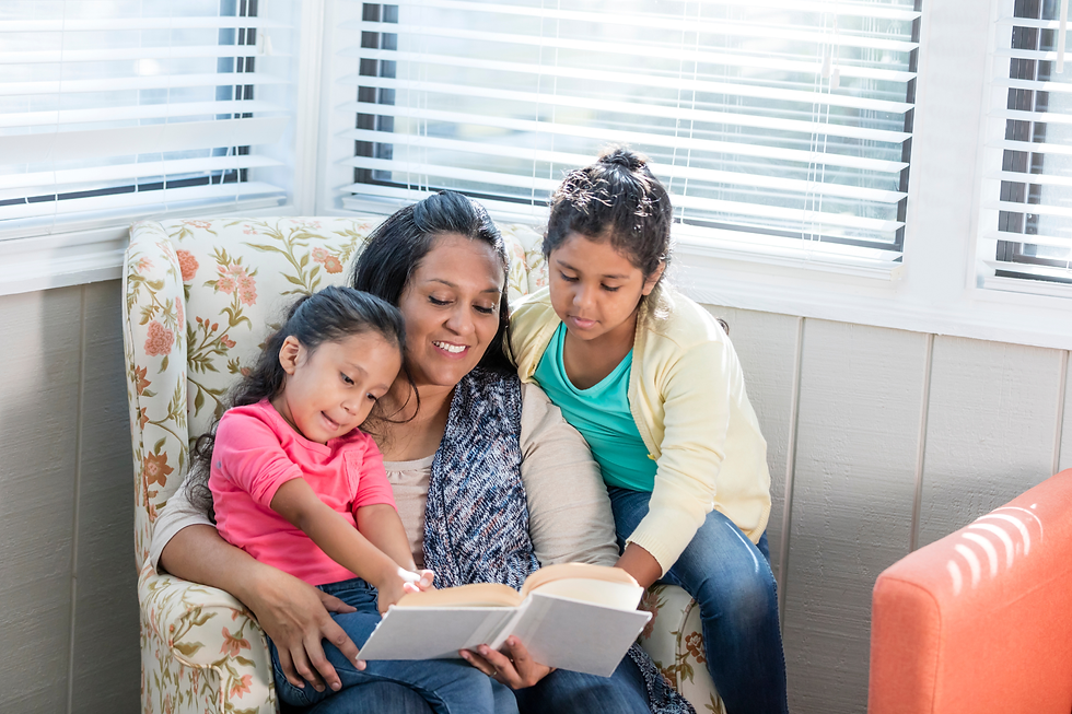 Family reading time, mother reads to children, early literacy, reading skills