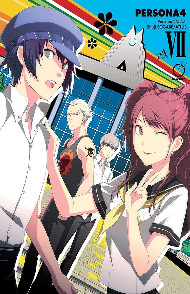 Front cover of graphic novel Persona 4 Volume 7 (English Edition) showing four teenagers standing in front of a school building. Two teenagers in the foreground with one wearing a blue hat and a boy's summer school uniform, and the other a girl with pigtails and wearing a girl's summer school uniform. In the background are two teenage boys, one with short blond hair and wearing a black tank top and the other is a boy wearing a summer school uniform and has short grey hair.