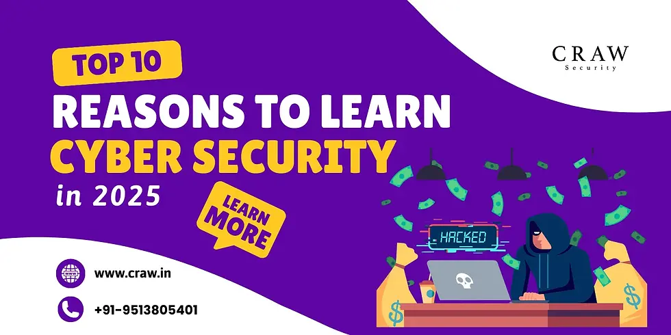 Top 10 Reasons to Learn Cyber Security in 2025 - A promotional graphic by Craw Security featuring a hacker illustration, dollar bills, and contact details.