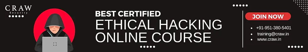 Best Certified Ethical Hacking Online Course by CRAW Security. Features a hacker illustration, contact details, and a 'Join Now' call-to-action on a dark theme.