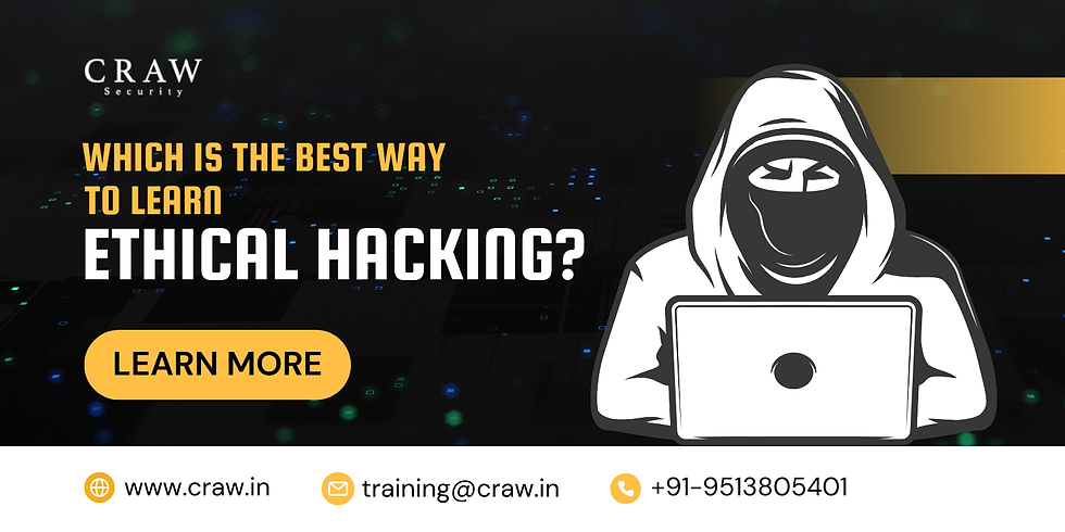 Which is the best way to learn ethical hacking?" with a masked hacker illustration, a "Learn More" button, and contact details.\