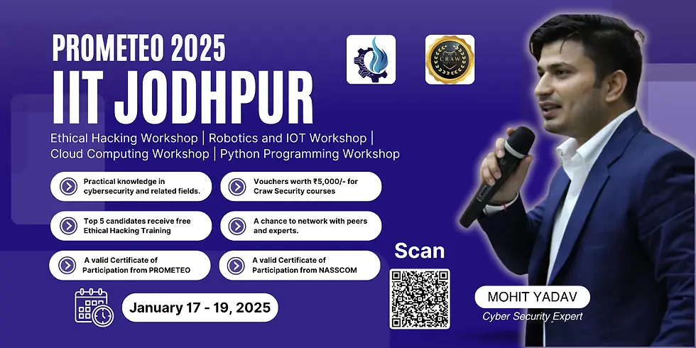 IIT Jodhpur Prometeo Workshop 2025 banner featuring workshops on Ethical Hacking, Robotics, Cloud Computing, Python, and speaker Mohit Yadav, January 17-19