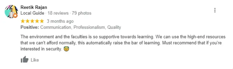 The image show ethical hacking student testimonial for ethical hacking course in delhi ncr - Craw Security