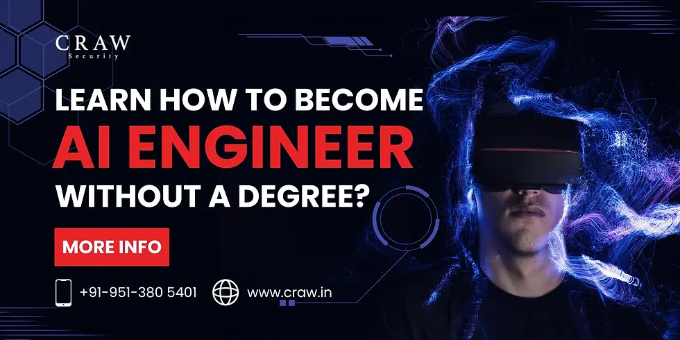 Promotional banner by Craw Security titled 'Learn How to Become AI Engineer Without a Degree?' It shows a person wearing a VR headset. The background has abstract neon graphics. The banner includes the contact number +91-951-380-5401 and the website www.craw.in