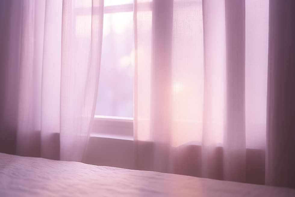 Soft lavender curtains filter morning light through a quiet window, casting a gentle glow across a peaceful room. The serene setting evokes rest without guilt, inviting stillness, emotional clarity, and spiritual renewal.
