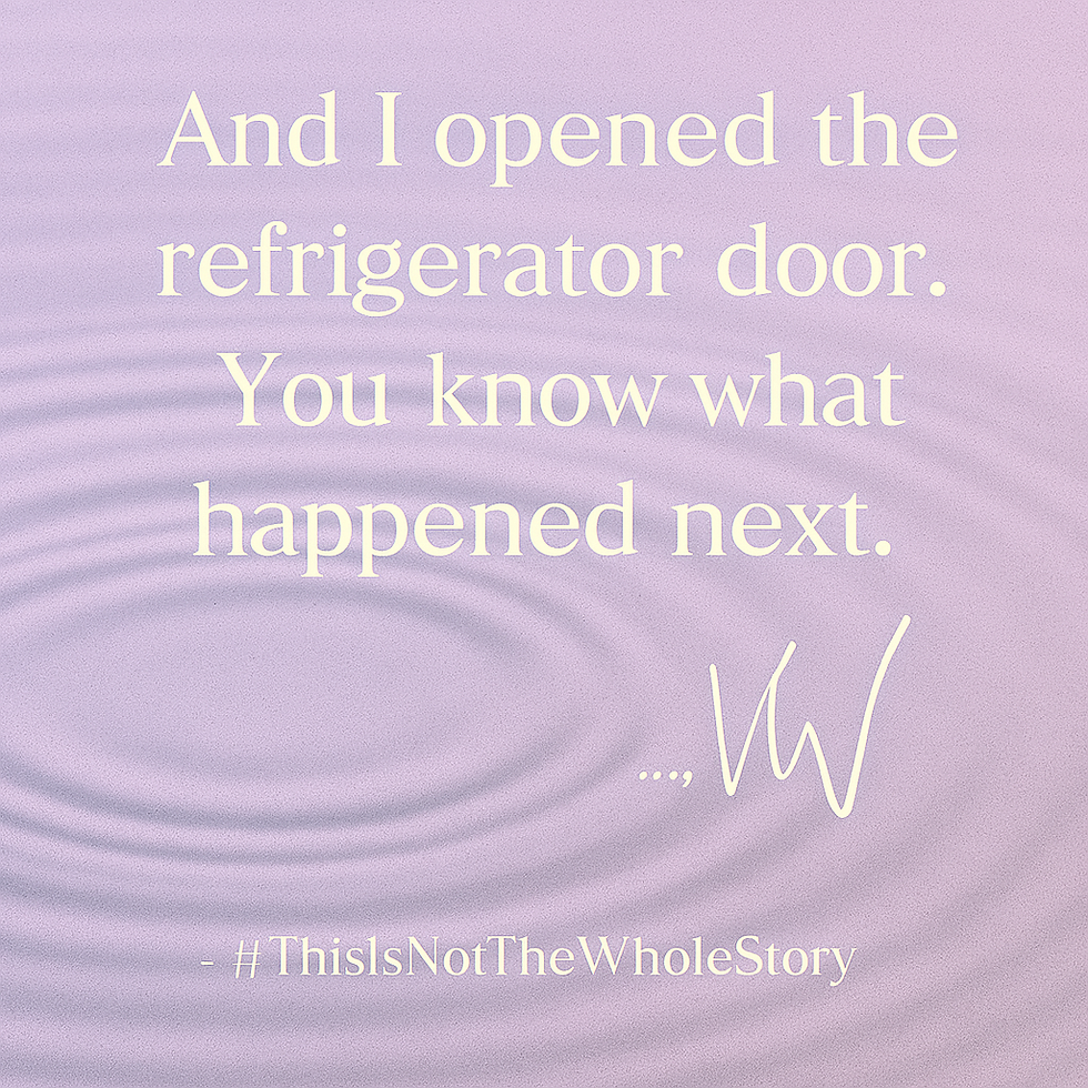 Soft lavender ripple background with a single white feather gently drifting downward through misty air. Faint concentric ripples form below, suggesting the feather is about to touch water. Overlay text reads: “Permission to Heal” at the top, “Your Wellness, Your Way: A Series on Emotional Freedom” beneath it, and “This is not the whole story” at the bottom. Signature “…,VW” appears mid-page in handwritten script. The tone is gentle, introspective, and emotionally resonant.