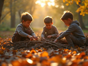 Børn leger med grene i skoven – kedsomhed styrker børns udvikling og kreativitet
