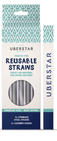Uberstar Stainless Steel Wide Reusable Drinking Straws with bend