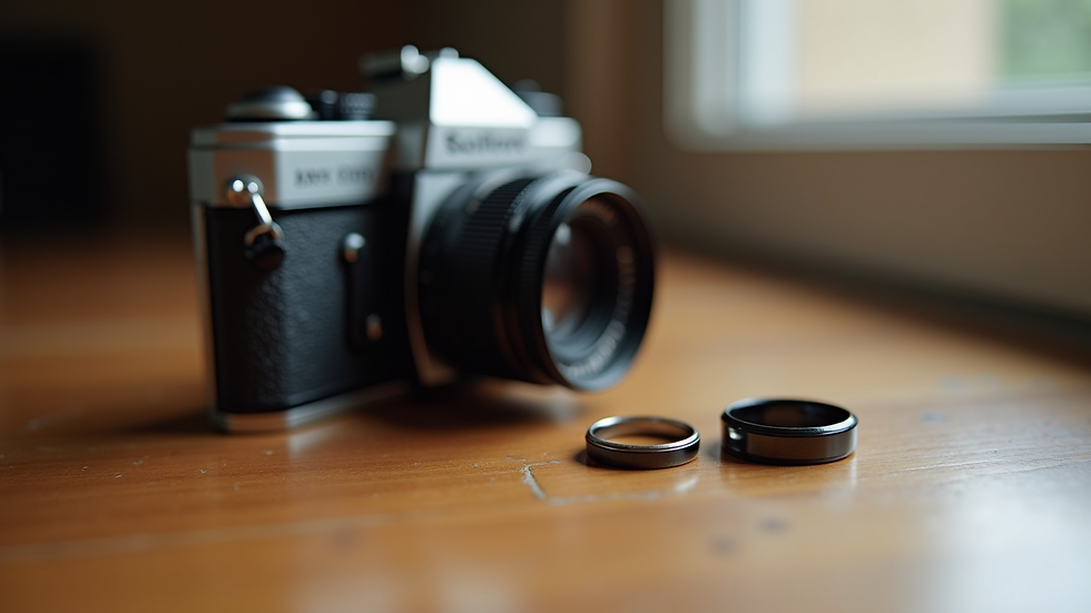 Close-up view of a vintage camera on a wooden table with wedding rings