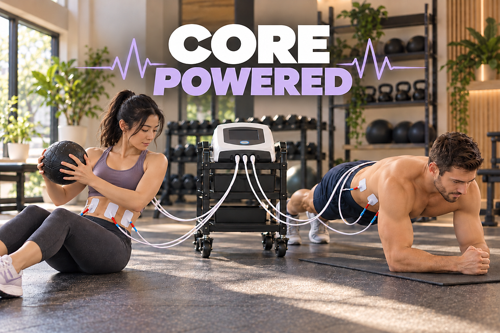 Core Powered small group class with participants practicing core strength and stability exercises using the Neubie at Fitness Beyond Training in Georgetown, TX.