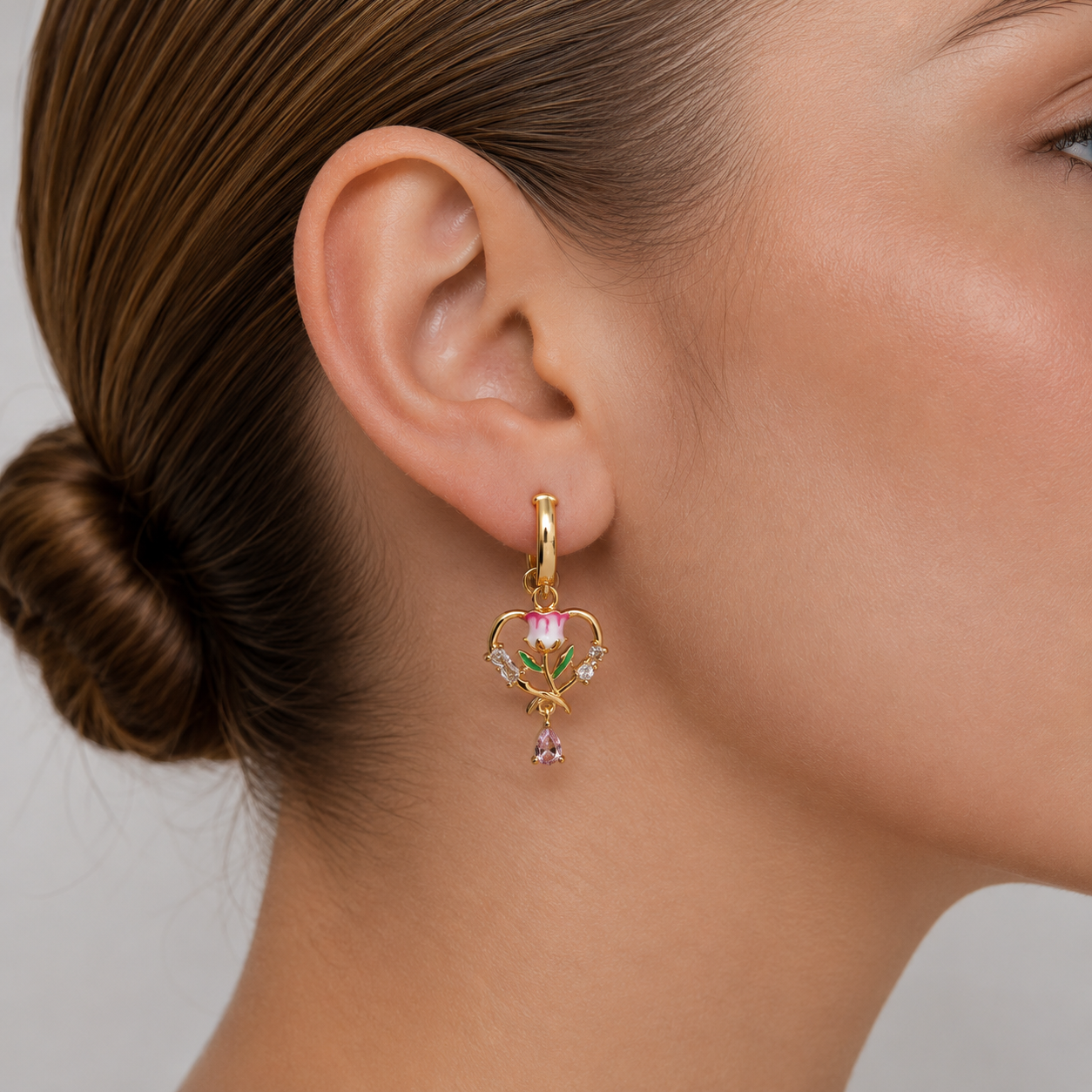 Aretes de tulipan rosa y piedra rosa