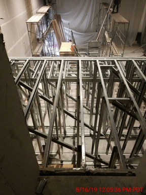 Closeup of a movie theater room being constructed