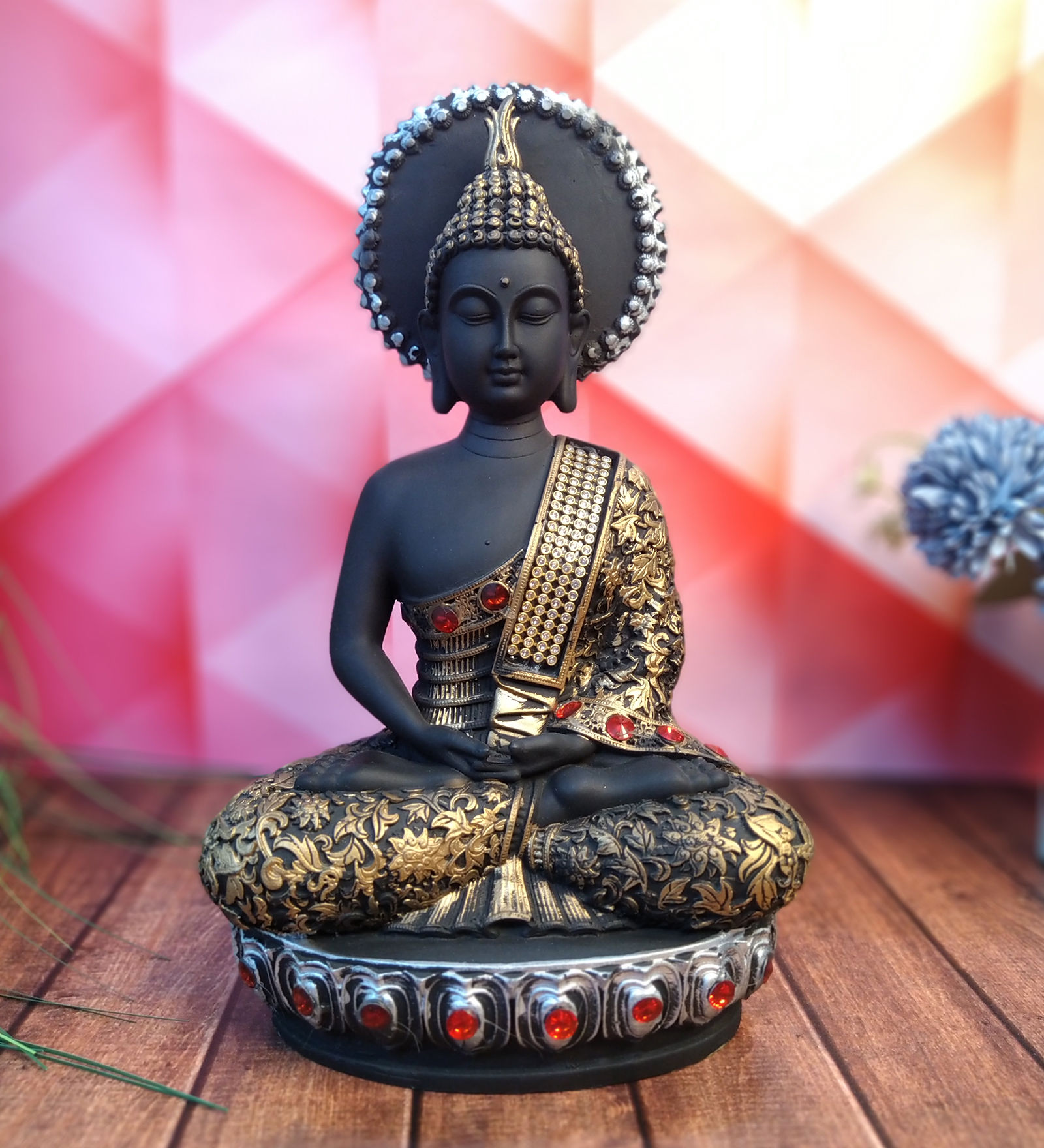 WENS Black Feng Shui 10.5" Engraved Carvings Polyresin Thai Chakra Buddha Statue