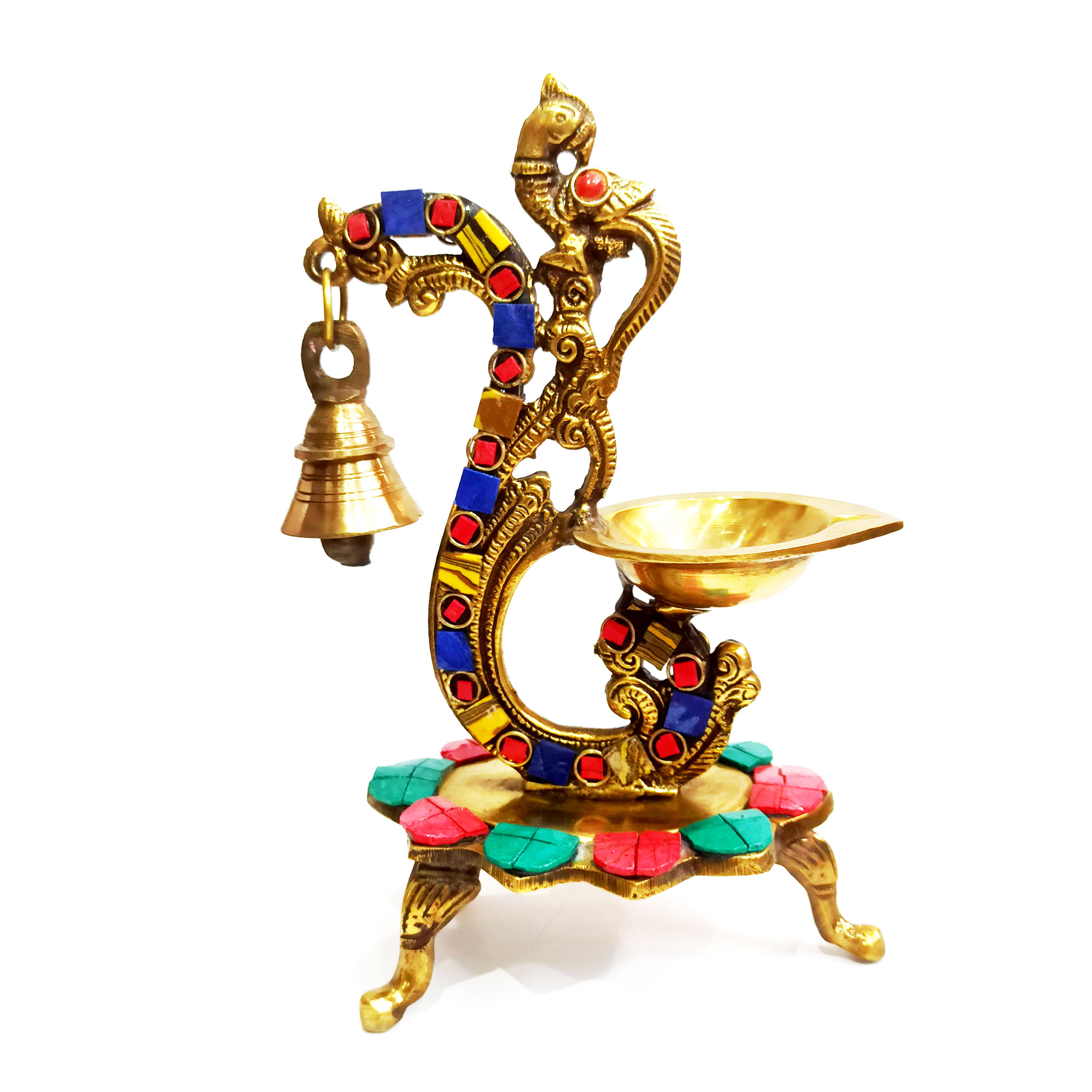 WENS Brass Handcrafted Brass Peacock Diya with Bells in Antique Finish(6 Inch