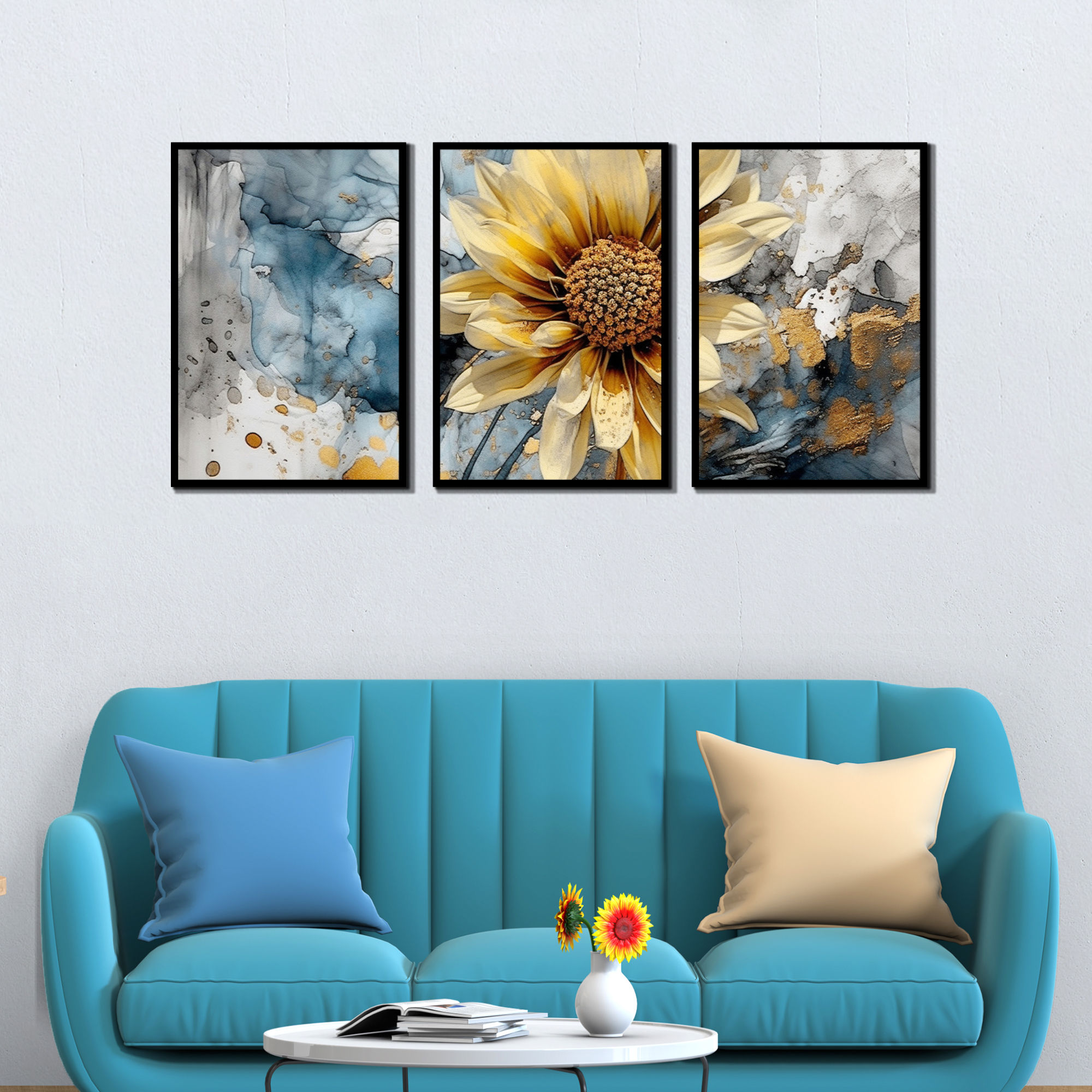 WENS Abstract Sunflower Framed Canvas Set of 3 Painting for Home Decor