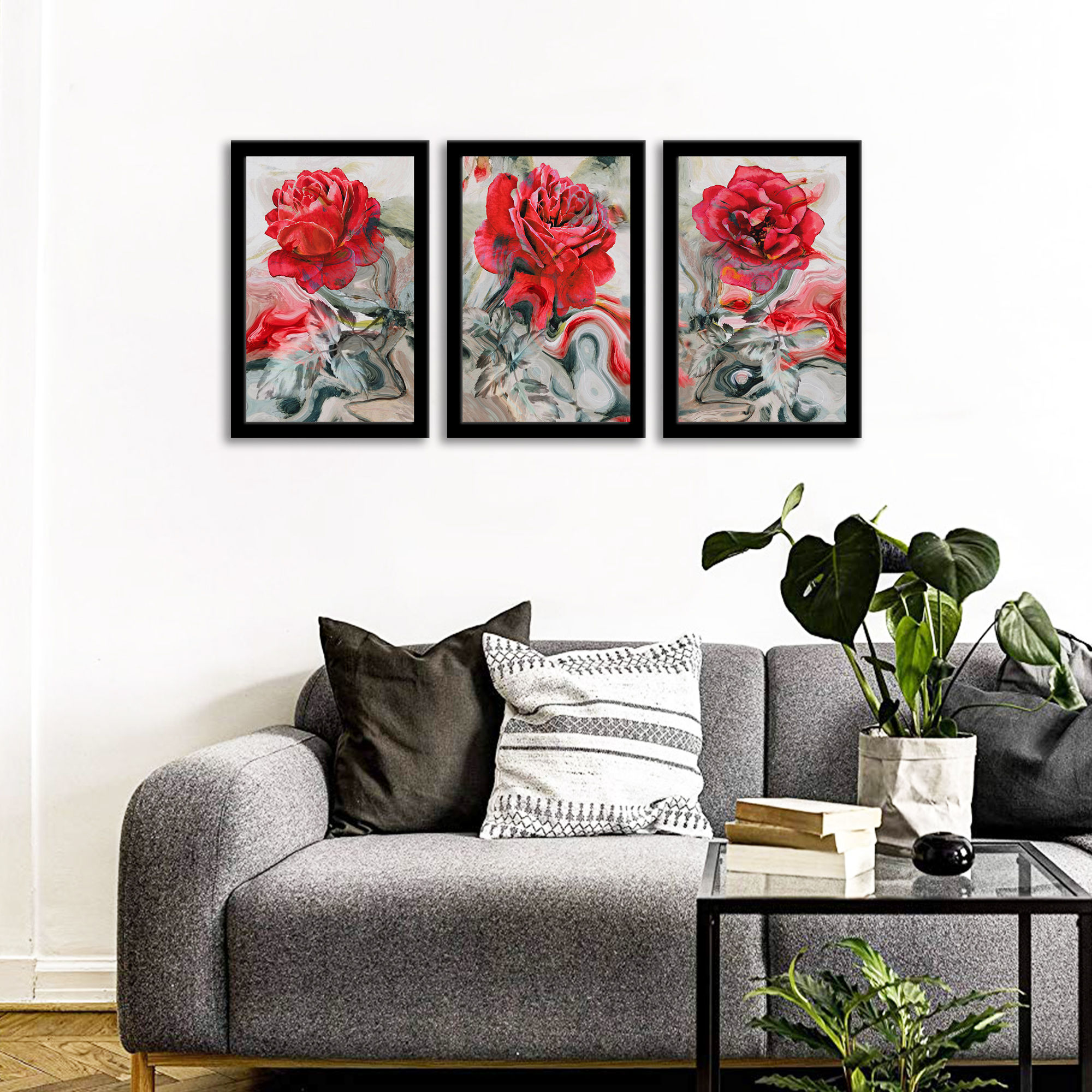 WENS Framed "Watercolor Red Roses Wall Art Painting " Set of 3