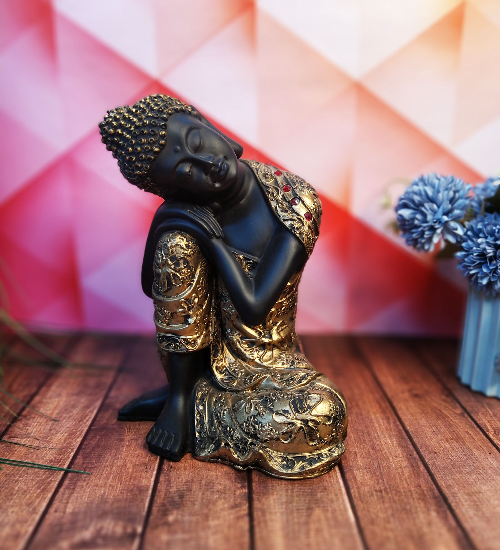 WENS Black Feng Shui 9" Engraved Carvings Polyresin Thai Meditation Buddha