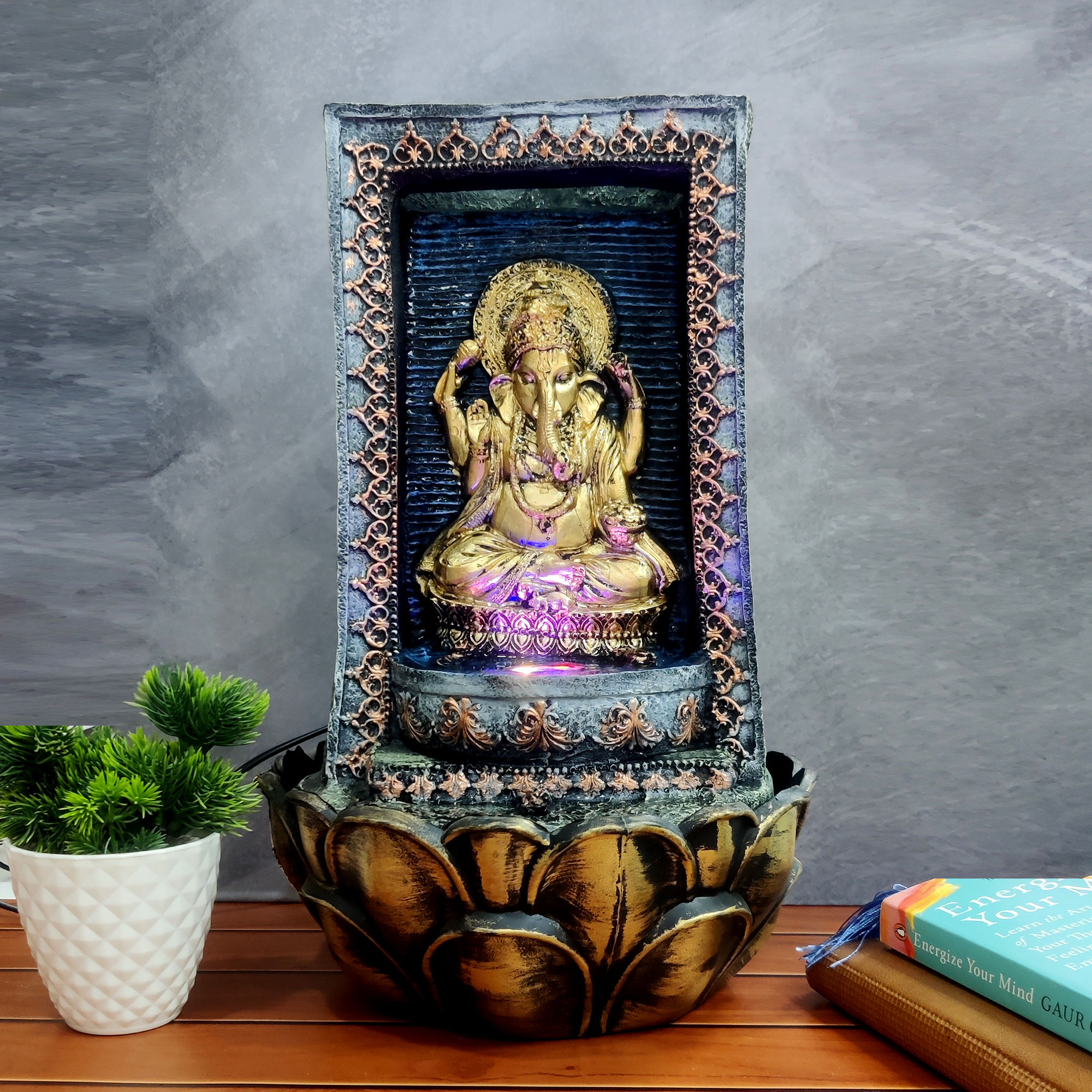 WENS Lord Ganesha Polyresin Table Top Indoor Outdoor Water Fall Fountain