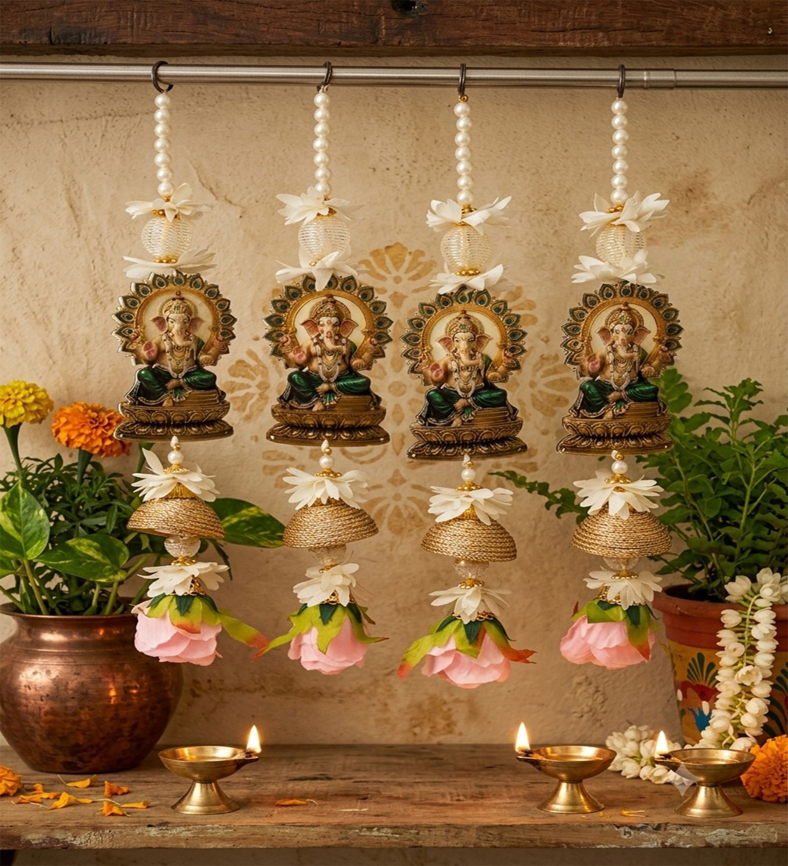 Ganesha Pearl Lotus Door Side Hanging Latkan for Decoration