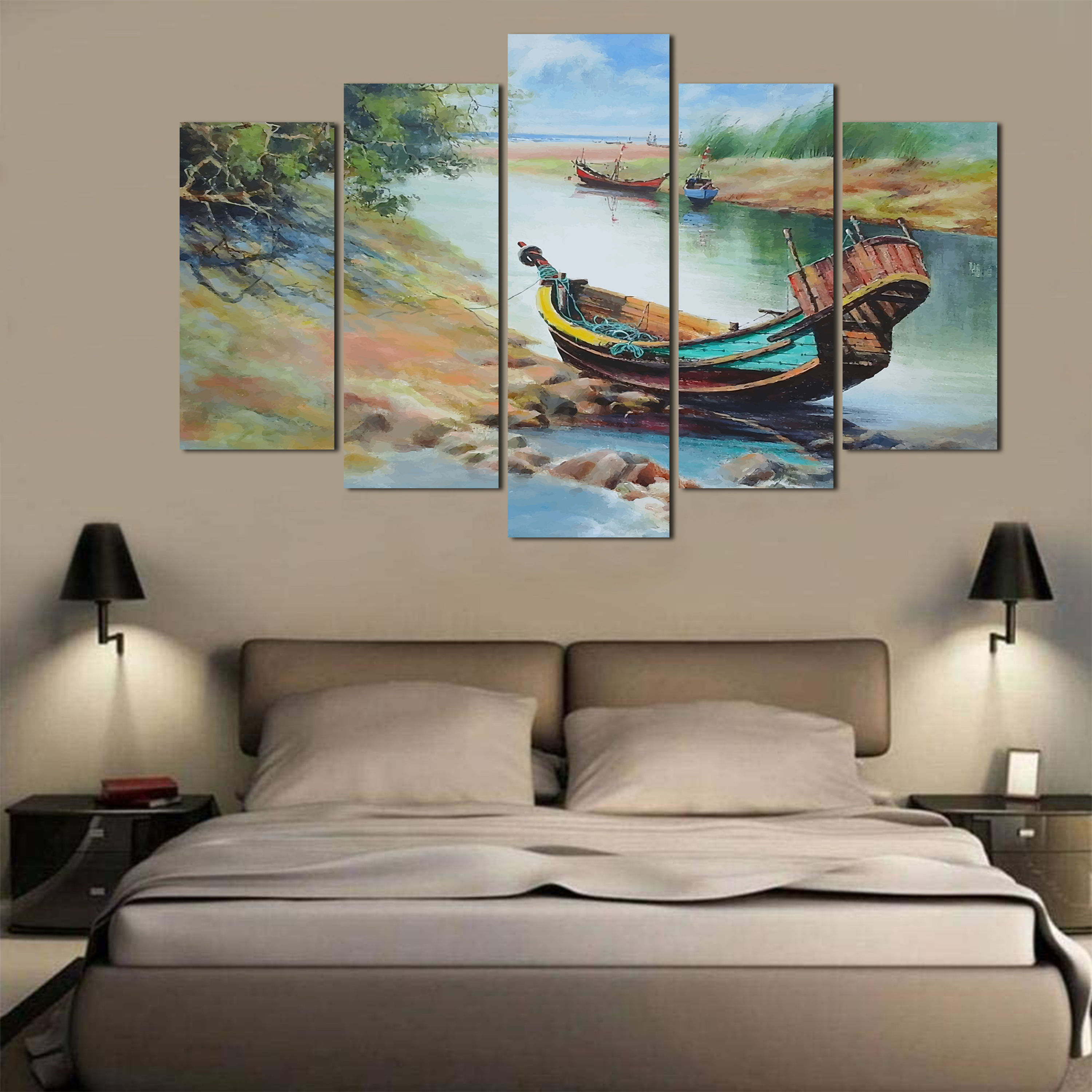 WENS "River Side View" Laminated 5 Panels Wall Art (24x40 Inch)