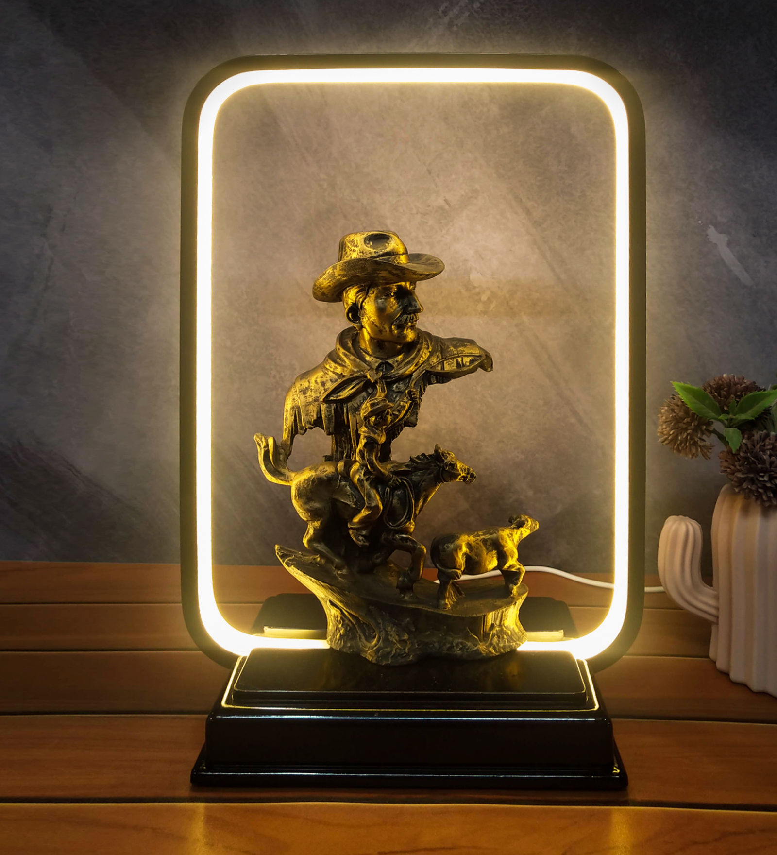 WENS Golden 10 Inch Cow Boy Statue Decorative Set with LED light for Home Décor