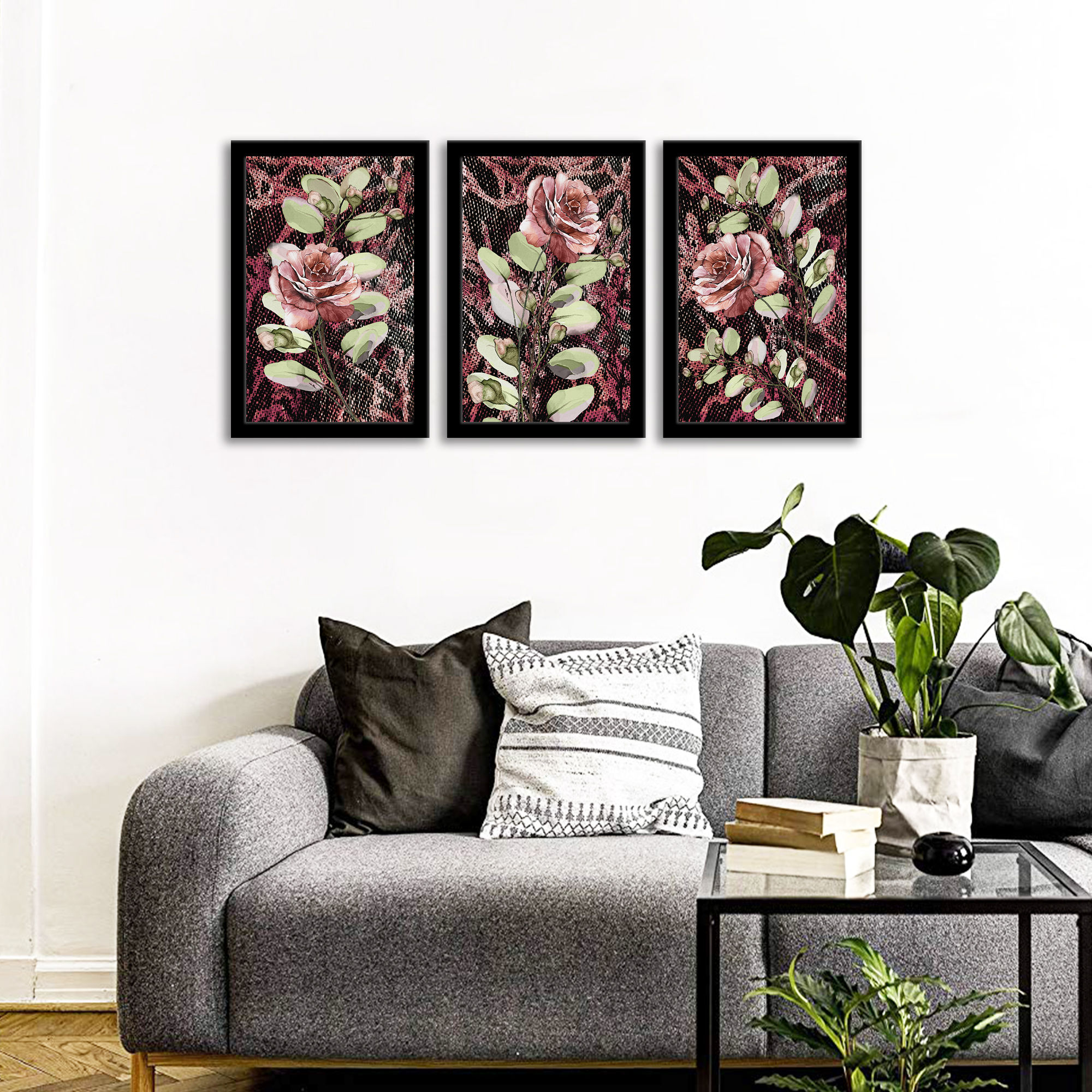 WENS Framed "Beautiful Roses Wall Art Painting" Set of 3