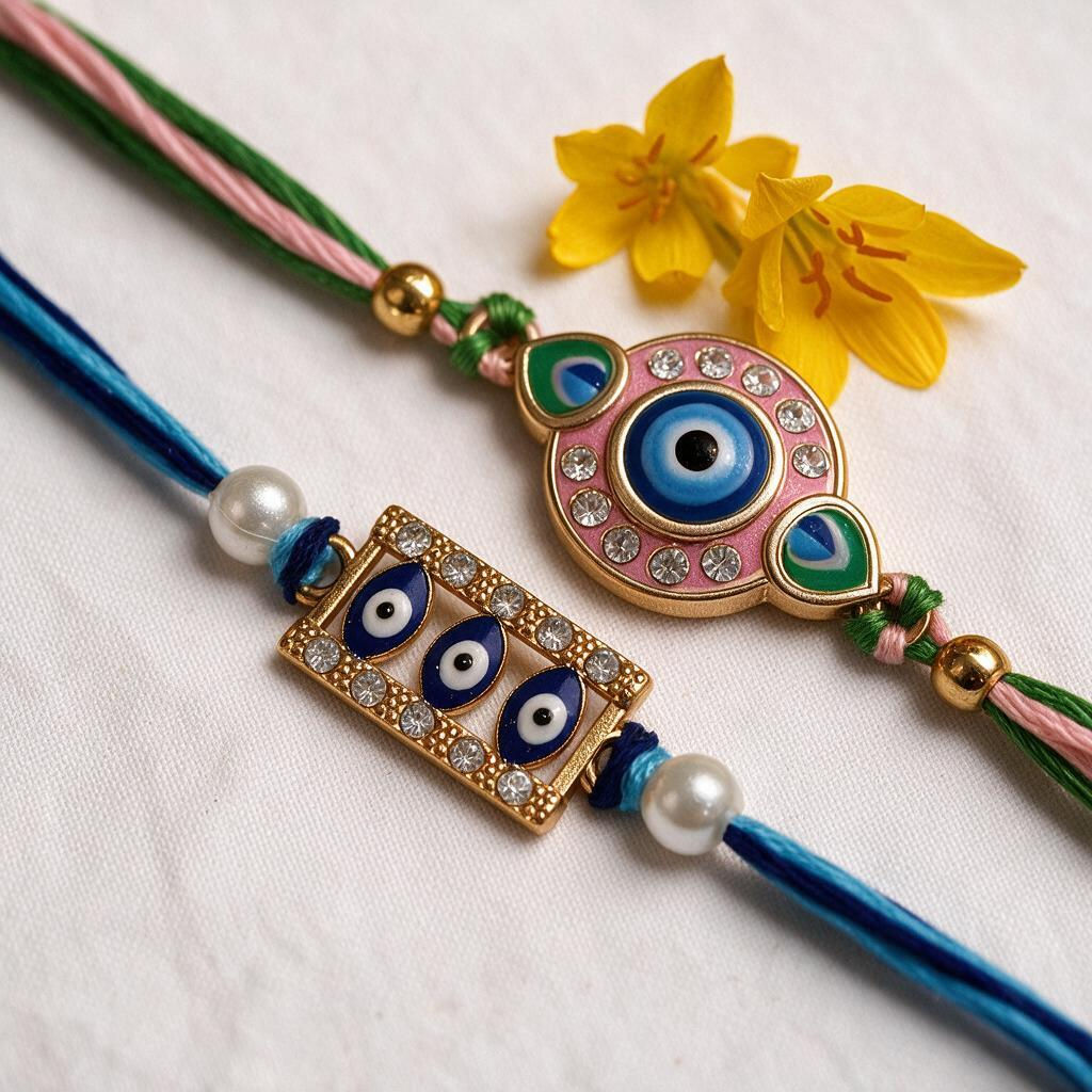 Evil Eye Diamond Stone Embellished Rakhi Duo for Bhaiya & Bhabhi