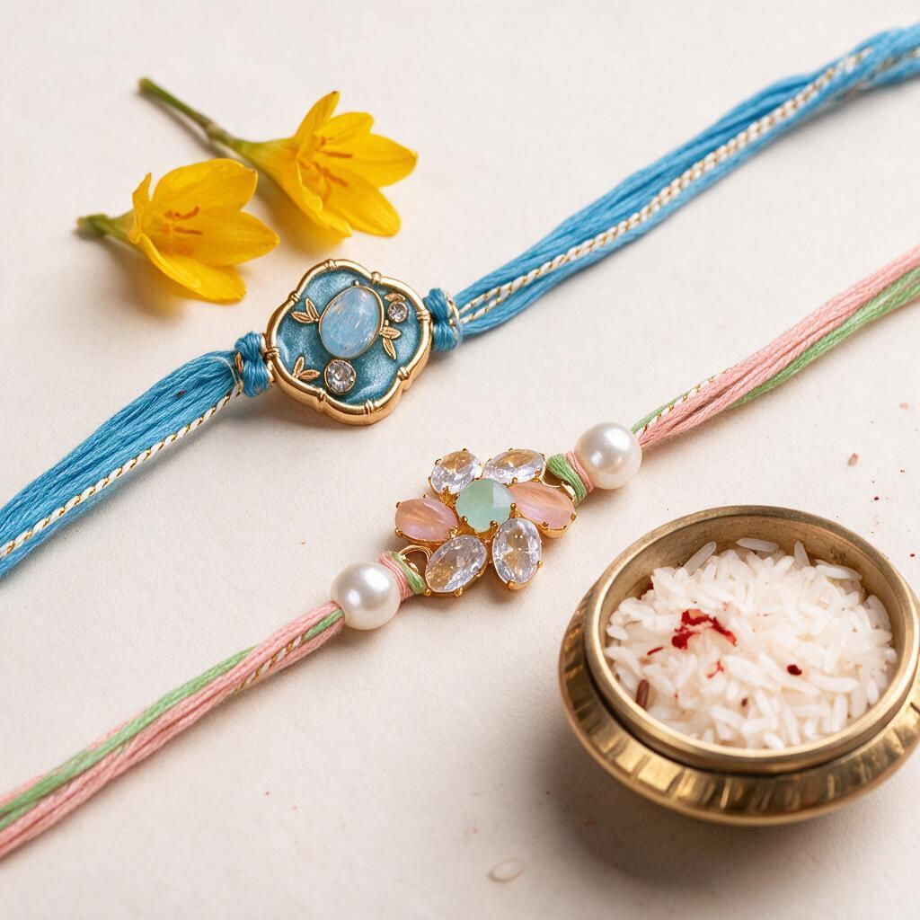 Premium Handmade Designer Rakhi with Crystal Charm Duo for Bhaiya & Bhabhi