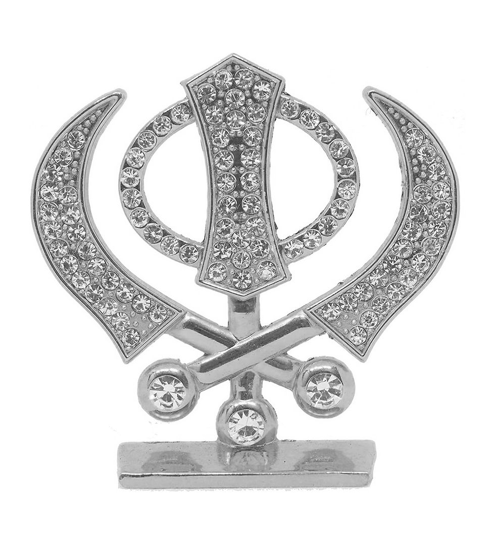 Thumbnail: Sikh Religious Metal Multipurpose Silver Studded Khanda  (6 cm X 6 cm) By WENS