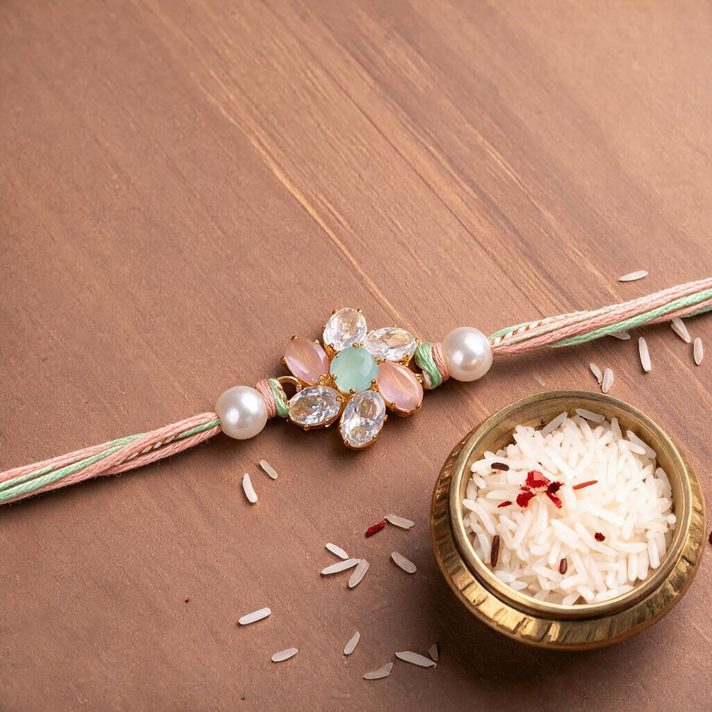 Premium Handmade Pastel Pink Designer Rakhi with Crystal Charm