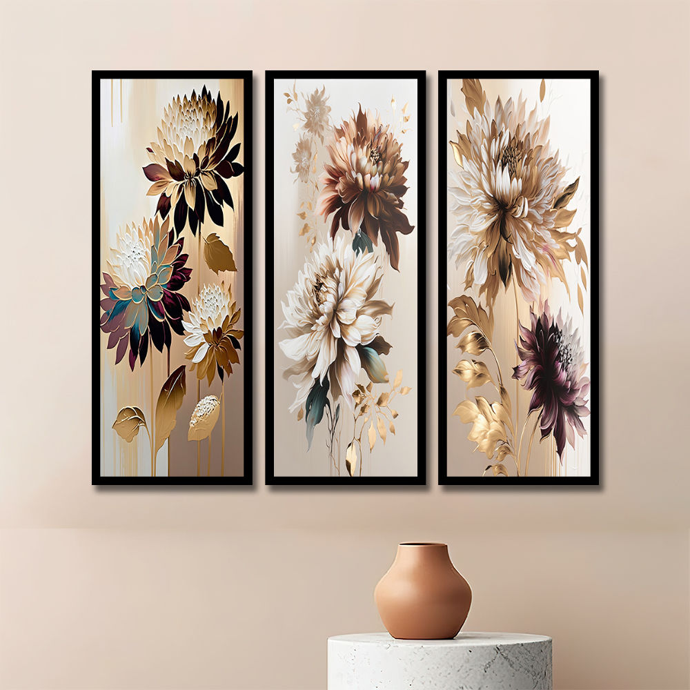 WENS Set Of 3 Gold Pastel Dahilia Abstarct Framed Paintings