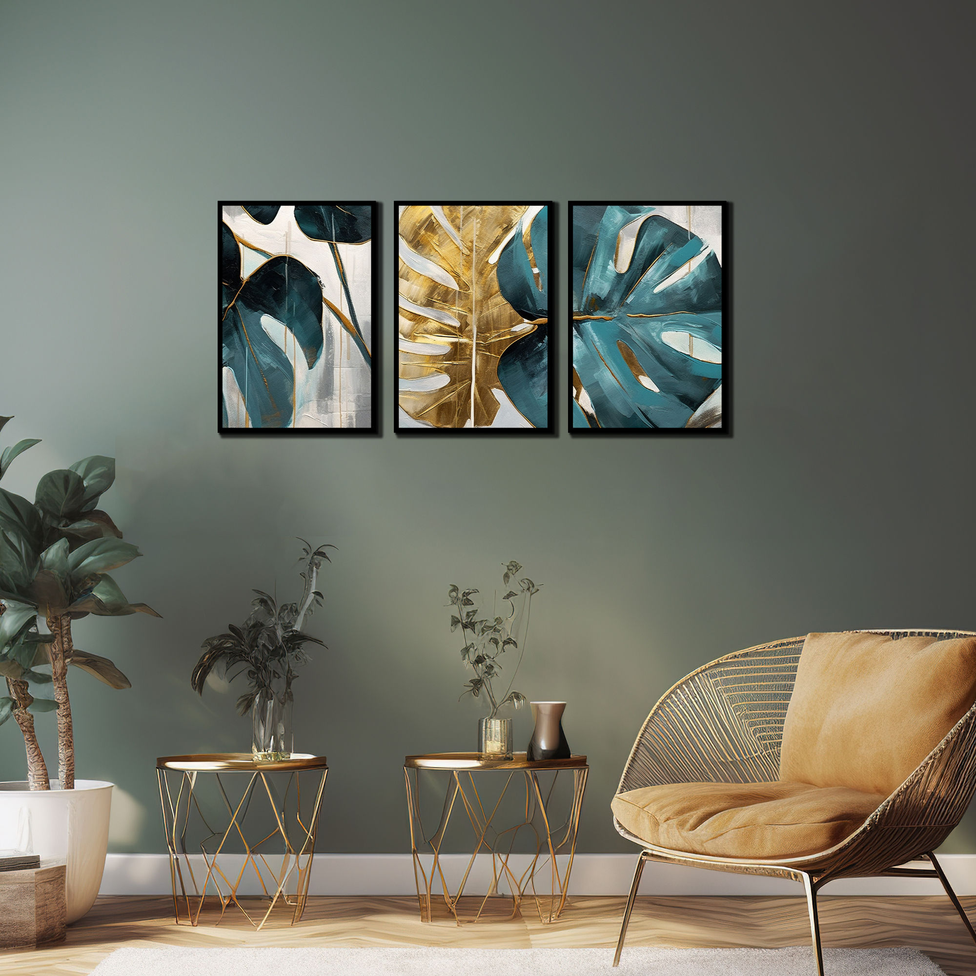 WENS Abstract Art Leaf Framed Canvas Set of 3 Painting for Home Decor