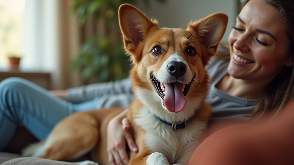 Close-up view of a happy dog sitting on a couch with a house sitter