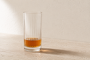 Tall clear highball glass with an amber whiskey pour