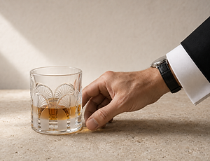 A tuxedoed hand reaching for a cut-crystal whiskey glass during a formal occasion