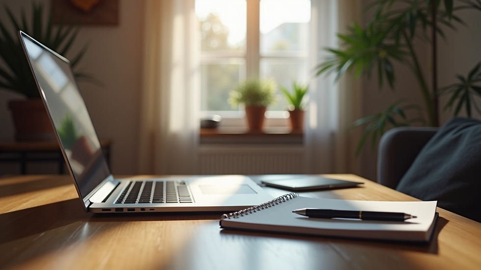 Eye-level view of a cozy home office with a laptop and a notebook