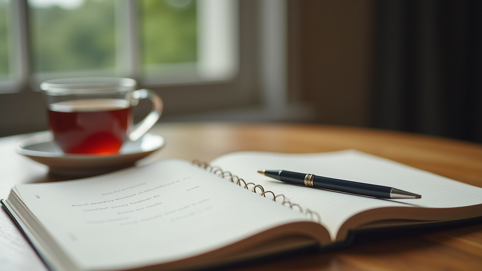 Close-up view of a notebook and a cup of tea on a desk