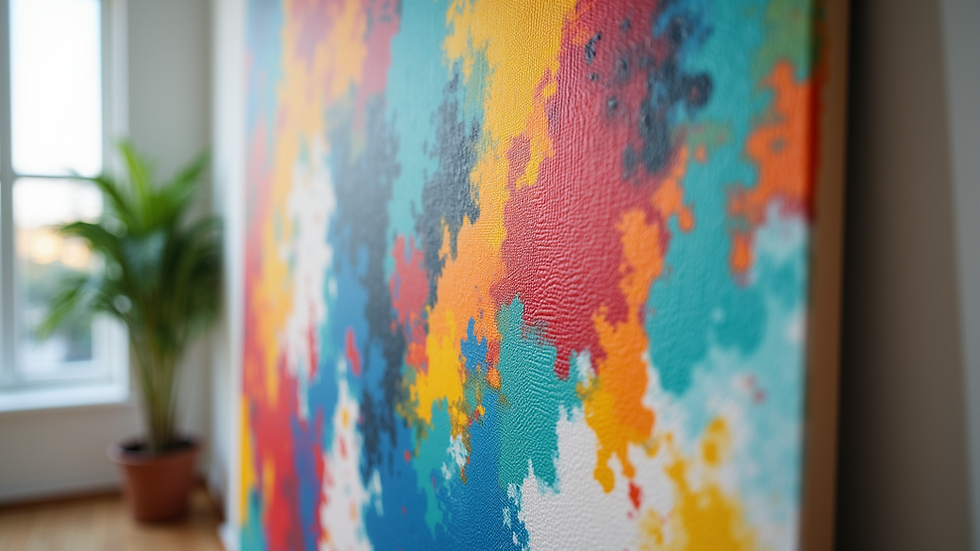 Eye-level view of a colorful abstract painting on canvas