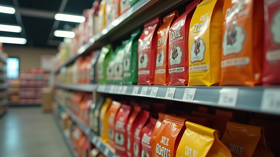 Close-up view of a variety of dog food bags stacked on shelves