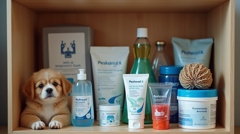 Eye-level view of a neatly organized pet emergency kit with supplies