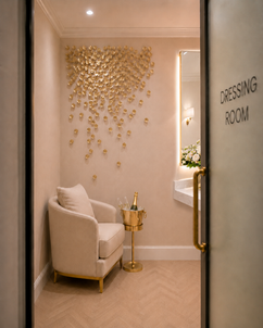 Architectural Rendering: The Honey Hall Event Venue Rear Hall. Dressing Room, Armchair, LED Makeup Mirror, Stool, Dress Rack, Wall Art, Sconces.
