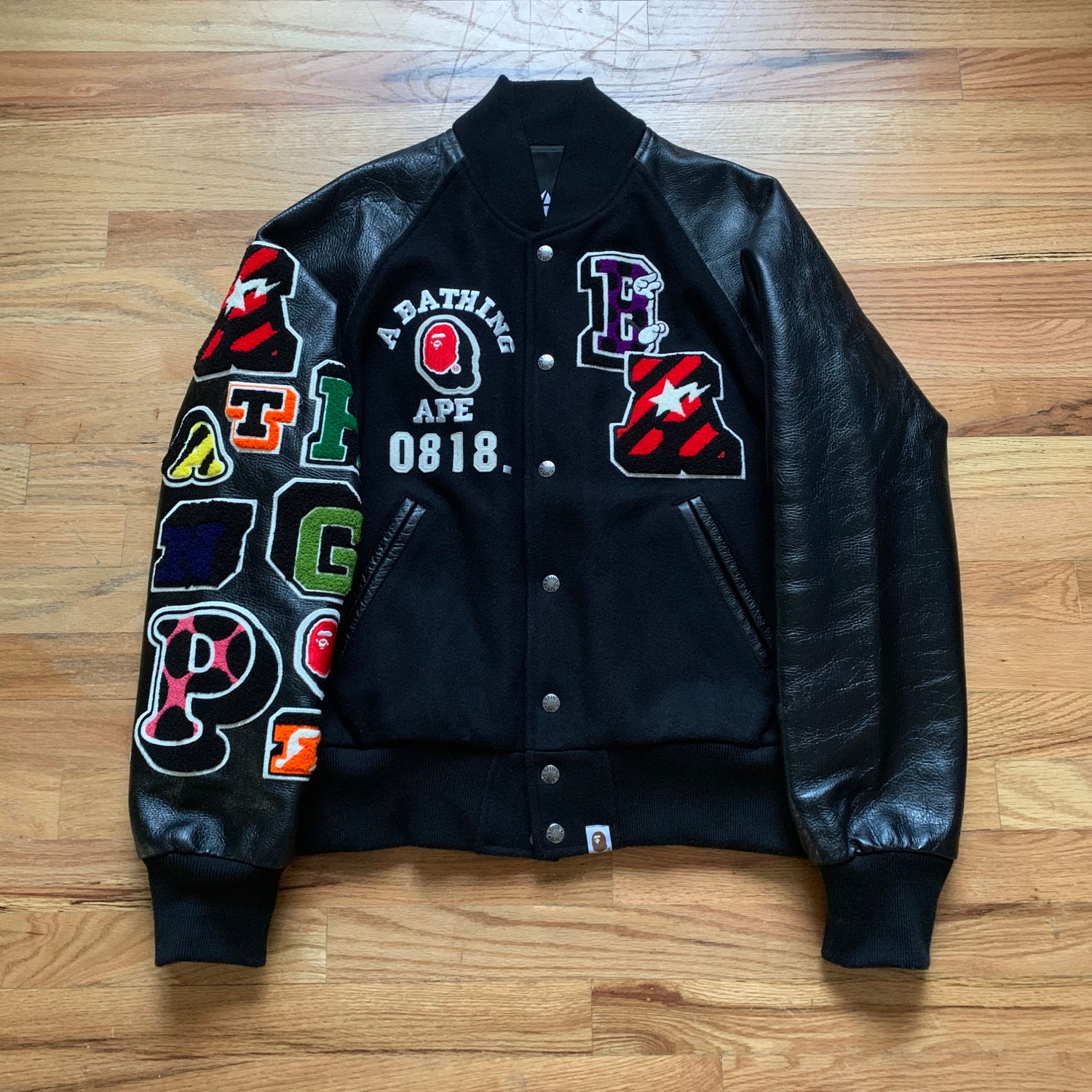 Bape Mid-2000s NFS Patched Staff Leather Sleeved Varsity Jacket