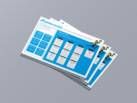 Stack of papers with a landscape A4 Pybites toolkit.