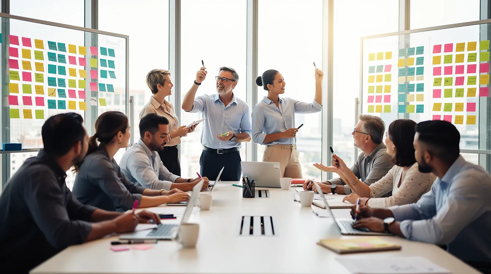 The image depicts a group of professionals actively participating in a collaborative workshop session, surrounded by colorful sticky notes on the walls that highlight key ideas and strategies for improving employee engagement. This vibrant setting fosters open communication and teamwork, essential for driving employee satisfaction and organizational success.