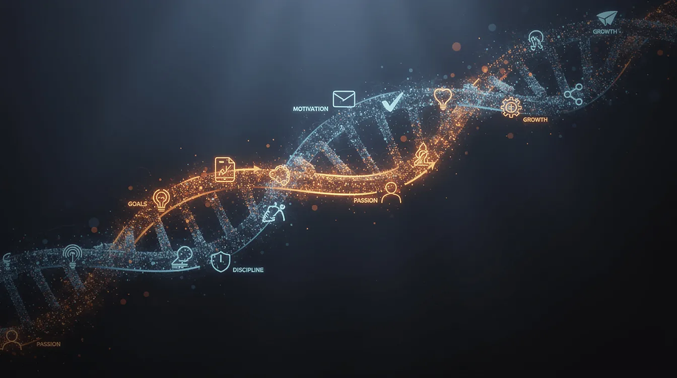 The image illustrates the concept of "motivation DNA," showcasing the interplay between intrinsic and extrinsic motivation factors that drive employee engagement and organizational success. It highlights how supporting autonomy and recognizing achievements can lead to higher productivity, job satisfaction, and personal and professional growth within a workplace.