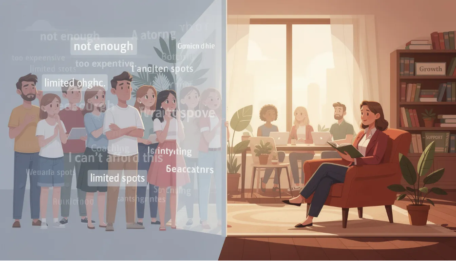 The image illustrates the contrasting impacts of a scarcity mindset versus an abundance mindset in coaching access, highlighting how scarcity thinking can limit personal growth and emotional support for clients in the coaching business. It emphasizes the importance of shifting perspectives to unlock new possibilities and develop powerful strategies for success in both life and career.