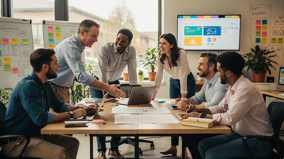The image depicts a collaborative workspace where employees are engaged in a lively discussion, fostering a motivating work environment that promotes employee engagement and creativity. This setting encourages employees to feel valued and inspires them to contribute to the company's success through meaningful interactions.